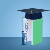 A man opens a book and puts a ladder to a graduation cap on it, illustration for knowledge. vector