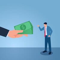 Angry man refuses money given by big hand of his boss, illustration for refusing bribe. vector