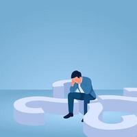 A man holding his head sits on a question mark, illustration for uncertainty. vector