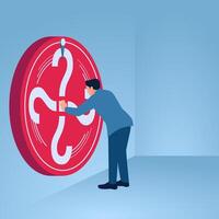 A man spins a spin with a question mark in the middle, an illustration for uncertainty. vector