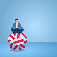A man meditating on a ball with arrows in various directions, illustration for uncertainty. vector