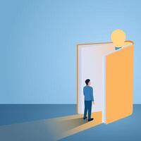 A man opens a book and gets an idea lamp burning on it, an illustration for knowledge. vector