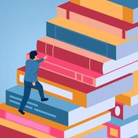 A man climbs a ladder made of stacks of books, illustration for educational investment. vector