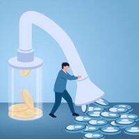 A man sucks user icons and turns them into coins in a bottle, illustration for conversion optimization rate. vector
