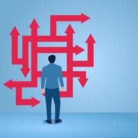 A man sees many colliding arrow paths, an illustration for uncertainty. vector