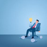 A man sits on a chair and gets an idea lamp lit while the others are off and scattered on the floor, illustration for inspiration. vector