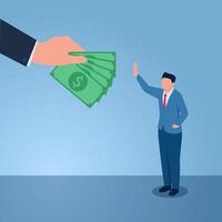 Man raises hand refusing money given by big hand of his boss, illustration of refusing bribe. vector