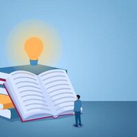 A man reads a book and gets an idea lamp lit above him, an illustration for knowledge. vector
