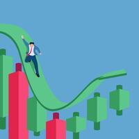 A man glides over a stock candlestick that goes up and down, an illustration of instability. vector
