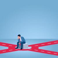 A man sits in the middle of a crossroads and thinks, illustration for uncertainty. vector