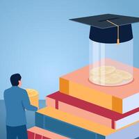 A man carrying coins towards a piggy bank with a graduation cap on top of a book, illustration for educational investment. vector
