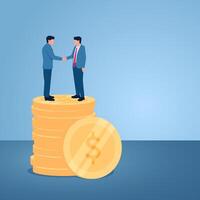 Two men shaking hands over a stack of coins, illustration for acquisition. vector