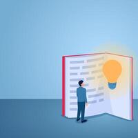 A man opens a book and sees a lamp of ideas burning inside, an illustration for knowledge. vector