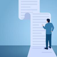 A man reads terms on a cell phone and a long piece of paper, illustration for terms and conditions. vector