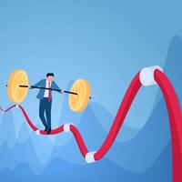 A man carrying a coin as a balance passes over a graph string that rises and falls, an illustration of instability. vector