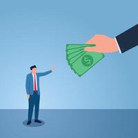 Man raises hand refusing money given by big hand of his boss, illustration of refusing bribe. vector