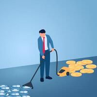 A man sucks user icons with a vacuum cleaner and turns them into coins, illustration for conversion optimization rate. vector