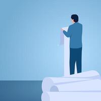 A man reads terms on a long, rolled-up piece of paper, an illustration for terms and conditions. vector