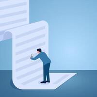 A man examines terms on paper with a magnifying glass, illustration for terms and conditions. vector
