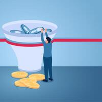 A man inserts a user icon into a tunnel into coins, illustration for conversion optimization rate. vector