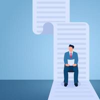 A man reads terms on paper and sits on a chair, illustration for terms and conditions. vector