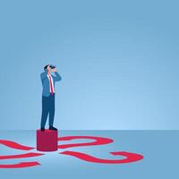 A man telescopes far away and stands on a question box, an illustration for uncertainty. vector