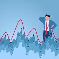 A confused man looks at a stock chart that goes up and down, an illustration of volatility. vector