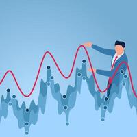 A man presents a stock chart that goes up and down, an illustration of volatility. vector