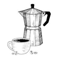 Coffee Cup and pot. hand drawn illustration. Espresso in mug sketch drawing. Black line art. Clipart with white backgrounds. The composition can be changed. Drink in retro style for printing vector