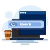 Internet browsing concept with Laptop with search engine icon concept. online web browser, search engine bar, seo optimization, search screen page, flat illustration on background. vector