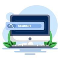 Internet browsing concept with Laptop with search engine icon concept. online web browser, search engine bar, seo optimization, search screen page, flat illustration on background. vector