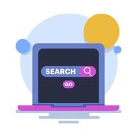 Internet browsing concept with Laptop with search engine icon concept. online web browser, search engine bar, seo optimization, search screen page, flat illustration on background. vector