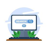 Internet browsing concept with Laptop with search engine icon concept. online web browser, search engine bar, seo optimization, search screen page, flat illustration on background. vector