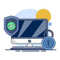 Laptop security protective shield concept. Cyber security. Data protection. Digital access and online security. computer services and electronic information. flat illustration on background. vector
