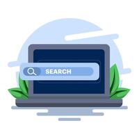 Internet browsing concept with Laptop with search engine icon concept. online web browser, search engine bar, seo optimization, search screen page, flat illustration on background. vector