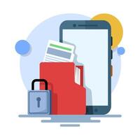 Document security concept on mobile phone. File security is locked. Cyber Security Services to Protect Personal Data. Cloud Shared Documents, Server Security and Data Protection. flat . vector