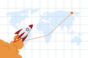 Business startup concept, Flying rocket with global map, computer device on isolated background, launching business project with rocket. giving up a start-up business. digital marketing illustration. vector