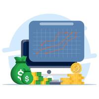Business graph Finance concept, Money on device screen with graph on isolated background, money coin growth business for finance, investment, graphs and charts. digital marketing. vector