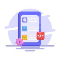 App development concept, mobile UI UX, web design, app design, coding, mobile app. application creation, application testing, UI-UX, and web design. Flat vectors are suitable for many purposes.