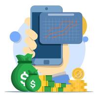Business graph Finance concept, Money on device screen with graph on isolated background, money coin growth business for finance, investment, graphs and charts. digital marketing. vector