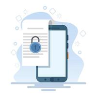 Document security concept on mobile phone. File security is locked. Cyber Security Services to Protect Personal Data. Cloud Shared Documents, Server Security and Data Protection. flat . vector