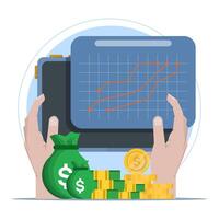 Business graph Finance concept, Money on device screen with graph on isolated background, money coin growth business for finance, investment, graphs and charts. digital marketing. vector