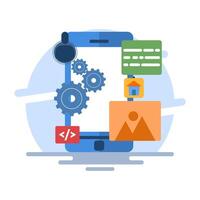 App development concept, mobile UI UX, web design, app design, coding, mobile app. application creation, application testing, UI-UX, and web design. Flat vectors are suitable for many purposes.