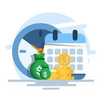 time is money concept, using time as efficiently as possible for productivity and making money, pension fund, clock, long term investment results, flat illustration on background. vector
