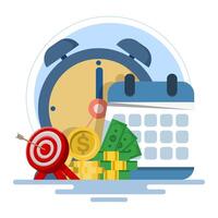 time is money concept, using time as efficiently as possible for productivity and making money, pension fund, clock, long term investment results, flat illustration on background. vector