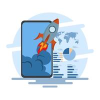 Business startup concept, Flying rocket with global map, computer device on isolated background, launching business project with rocket. giving up a start-up business. digital marketing illustration. vector