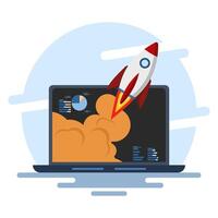 Business startup concept, Flying rocket with global map, computer device on isolated background, launching business project with rocket. giving up a start-up business. digital marketing illustration. vector