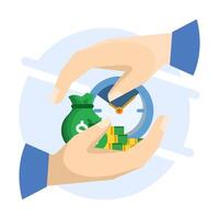 time is money concept, using time as efficiently as possible for productivity and making money, pension fund, clock, long term investment results, flat illustration on background. vector