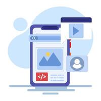 App development concept, mobile UI UX, web design, app design, coding, mobile app. application creation, application testing, UI-UX, and web design. Flat vectors are suitable for many purposes.