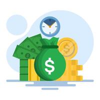 time is money concept, using time as efficiently as possible for productivity and making money, pension fund, clock, long term investment results, flat illustration on background. vector